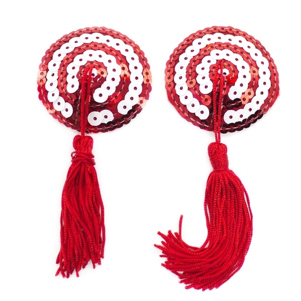Round Nipple Pasties With Tassels Red And White