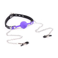 Purple Gag With Chained Nipple Clamps